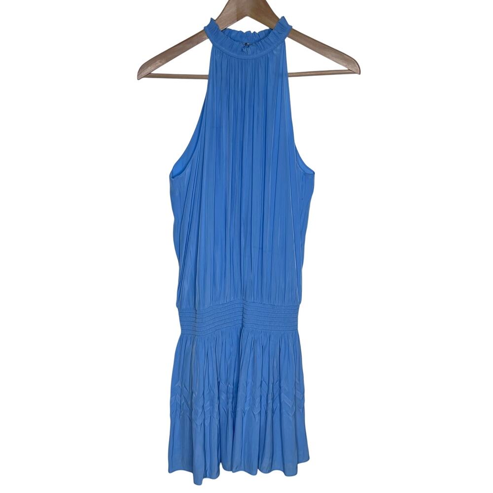 Ramy Brook Karoline Halter Mini Dress Blue Pleated Sleeveless Women Size M READ - Picture 3 of 14